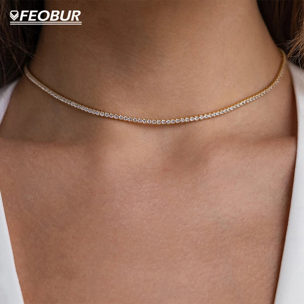Celestia 2mm Moissanite Tennis Necklace – 925 Sterling Silver Choker |D-Colour Brilliant Stones | Adjustable Fine Jewellery for Women