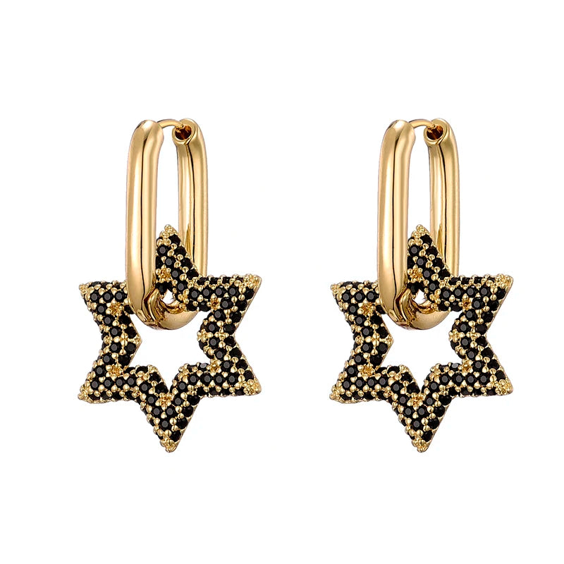 Celestara Star Zircon Hoop Earrings – Gold-Tone Geometric Drop Earrings | Colourful Cubic Zirconia | Elegant Women’s Statement Jewellery