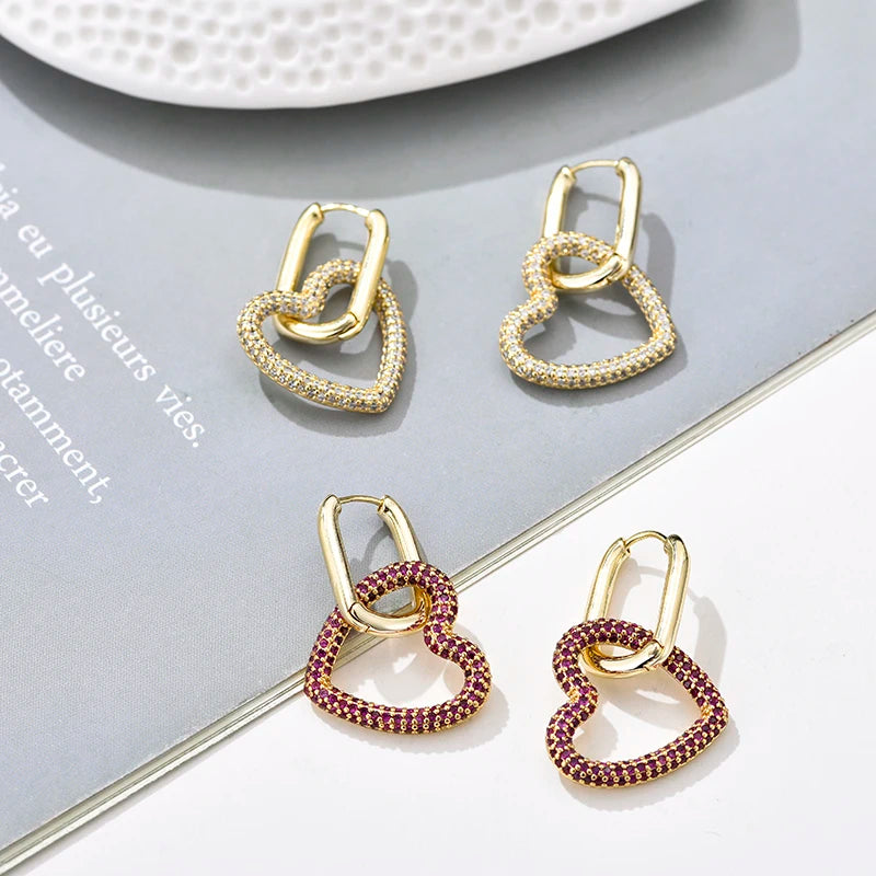 Amorette Heart Zircon Geometric Hoop Earrings – Gold-Tone Oval & Rectangle Drops | Colourful Crystal Jewellery | Elegant Women’s Earrings