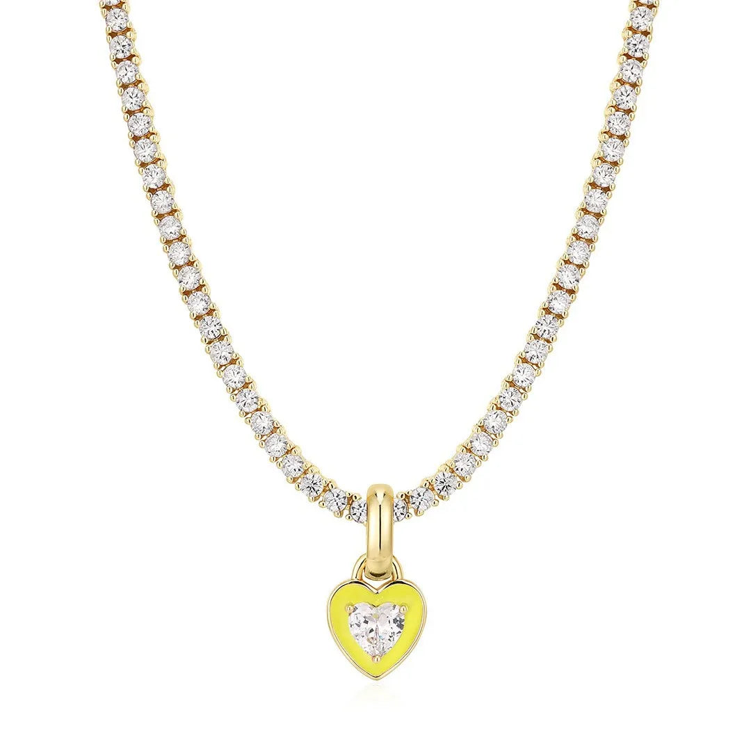 Emerelle Heart Tennis Chain Necklace – Stainless Steel Zircon Choker | Green Crystal & Colourful Enamel | Women’s Statement Jewellery