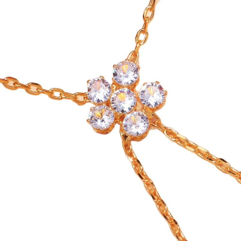 FloraLink Zircon Flower Finger Bracelet – Gold-Tone Double-Layer Hand Chain | Minimalist Floral Charm Jewellery | Women’s Finger Bracelet