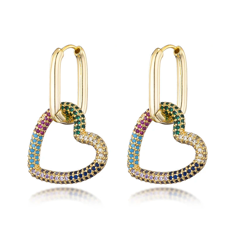 Amorette Heart Zircon Geometric Hoop Earrings – Gold-Tone Oval & Rectangle Drops | Colourful Crystal Jewellery | Elegant Women’s Earrings