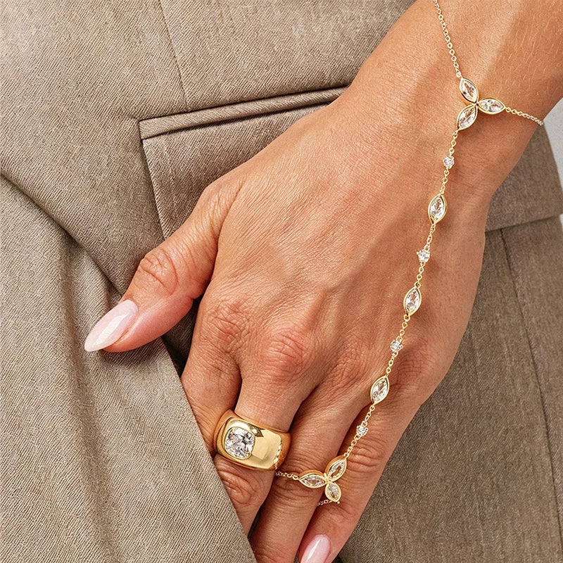 ElaraDrop Zircon Finger Chain Bracelet – Stainless Steel Hand Jewellery | Water Droplet Charm | Minimalist Women’s Statement Bracelet