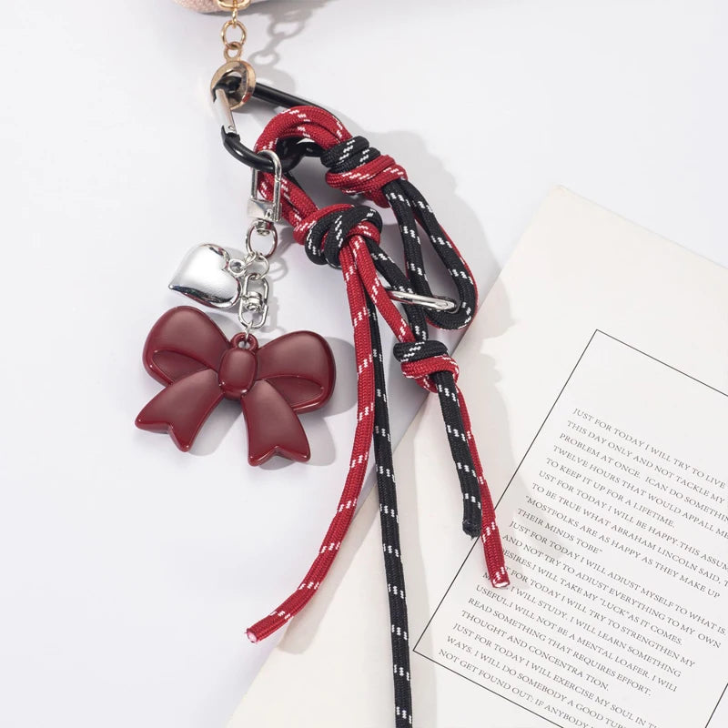 ChocoAmour Heart & Bow Bag Charm – Decorative Keychain | Rope & Ribbon Details | Handbag Accessory