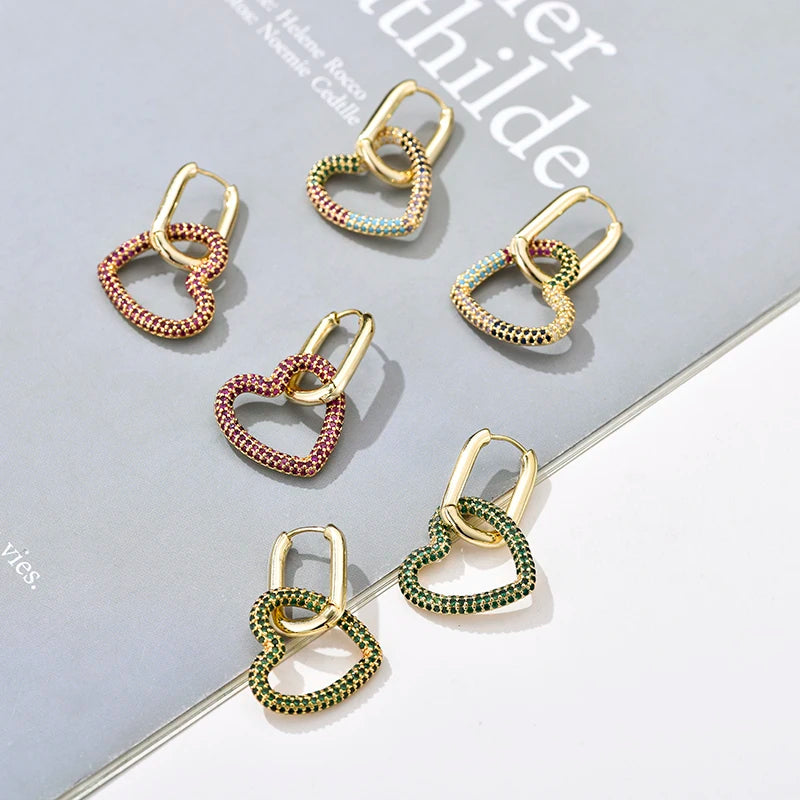Amorette Heart Zircon Geometric Hoop Earrings – Gold-Tone Oval & Rectangle Drops | Colourful Crystal Jewellery | Elegant Women’s Earrings