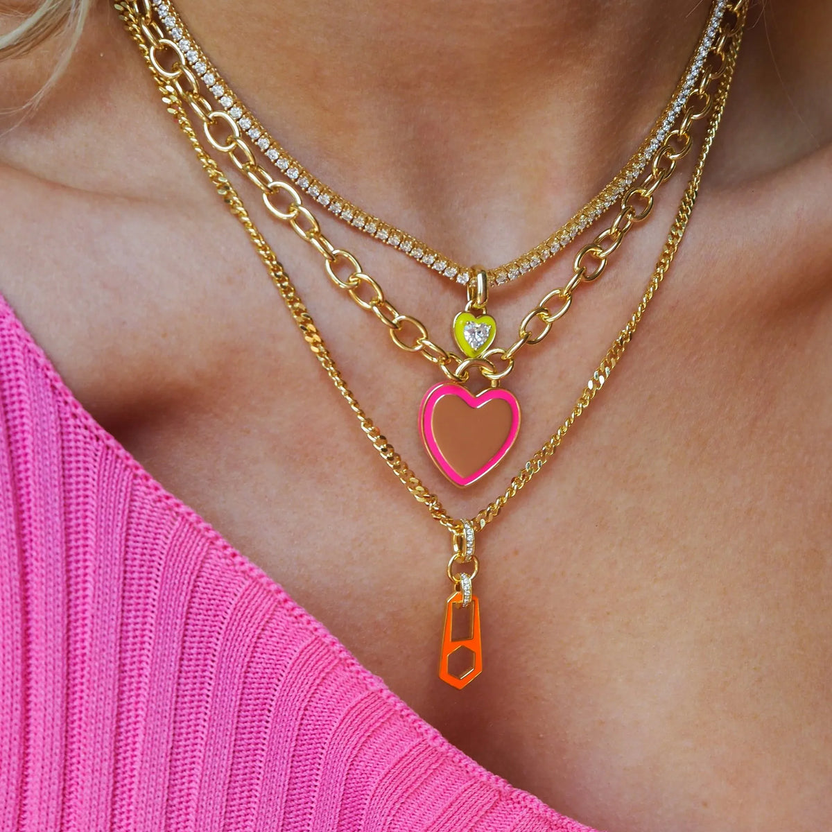Emerelle Heart Tennis Chain Necklace – Stainless Steel Zircon Choker | Green Crystal & Colourful Enamel | Women’s Statement Jewellery