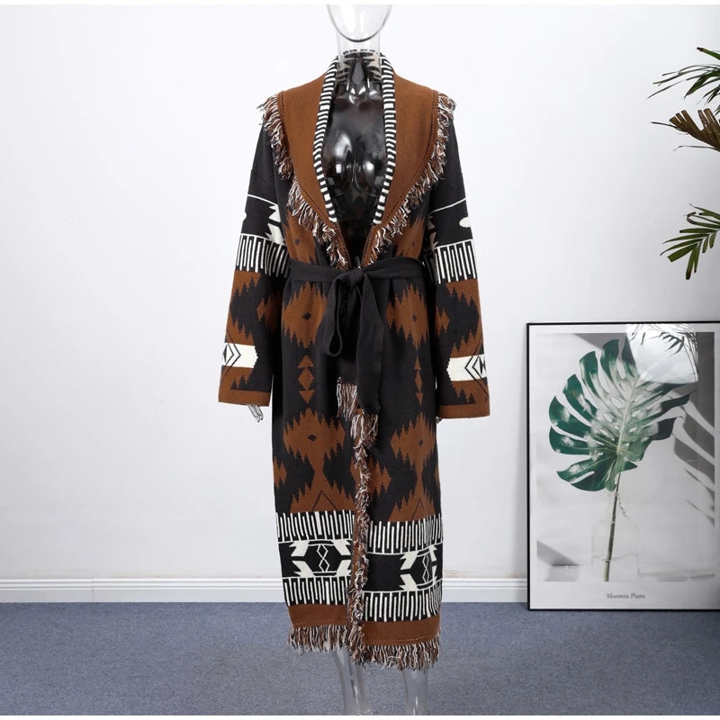 Calivelle Printed Belted Long Cardigan – Women’s Vintage Knit Sweater | Loose Tassel Wrap Design | Autumn & Winter Knitwear
