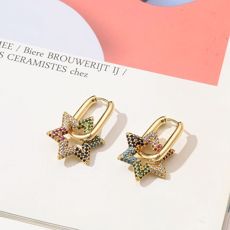 Celestara Star Zircon Hoop Earrings – Gold-Tone Geometric Drop Earrings | Colourful Cubic Zirconia | Elegant Women’s Statement Jewellery