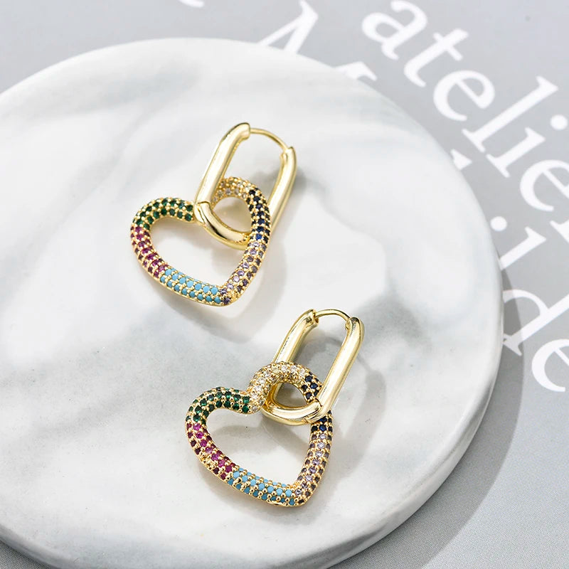 Amorette Heart Zircon Geometric Hoop Earrings – Gold-Tone Oval & Rectangle Drops | Colourful Crystal Jewellery | Elegant Women’s Earrings