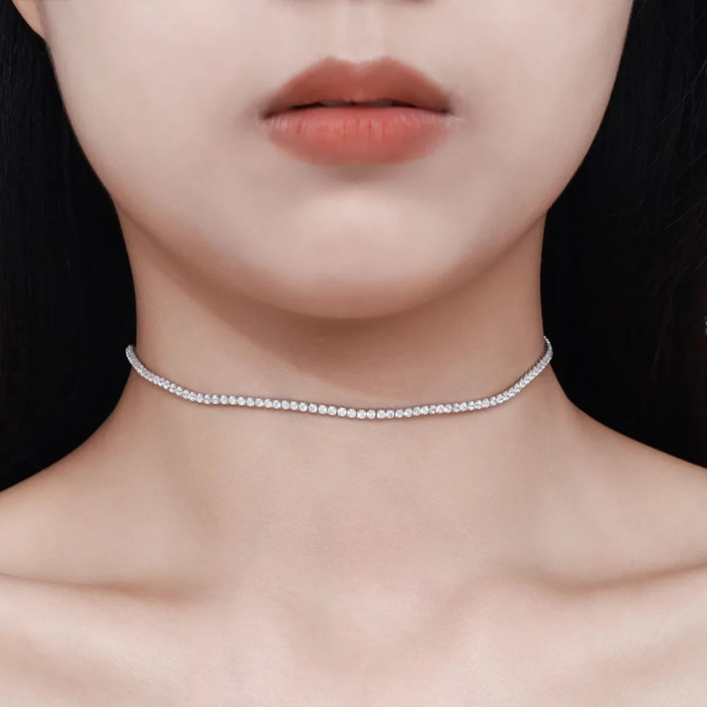 Celestia 2mm Moissanite Tennis Necklace – 925 Sterling Silver Choker |D-Colour Brilliant Stones | Adjustable Fine Jewellery for Women