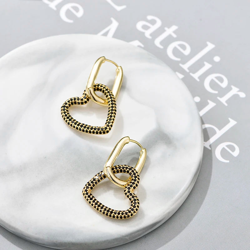 Amorette Heart Zircon Geometric Hoop Earrings – Gold-Tone Oval & Rectangle Drops | Colourful Crystal Jewellery | Elegant Women’s Earrings