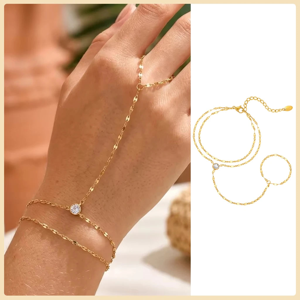 AureliaLink Gold Hand Chain Ring Bracelet – Stainless Steel Finger Bracelet | Adjustable Double-Layer Hand Chain | Women’s Body Jewellery