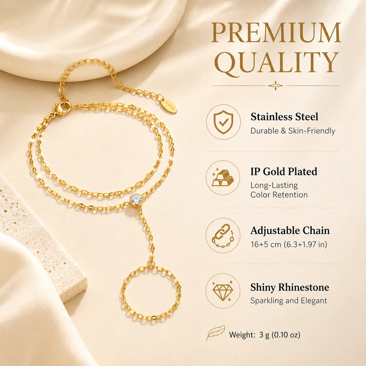 AureliaLink Gold Hand Chain Ring Bracelet – Stainless Steel Finger Bracelet | Adjustable Double-Layer Hand Chain | Women’s Body Jewellery