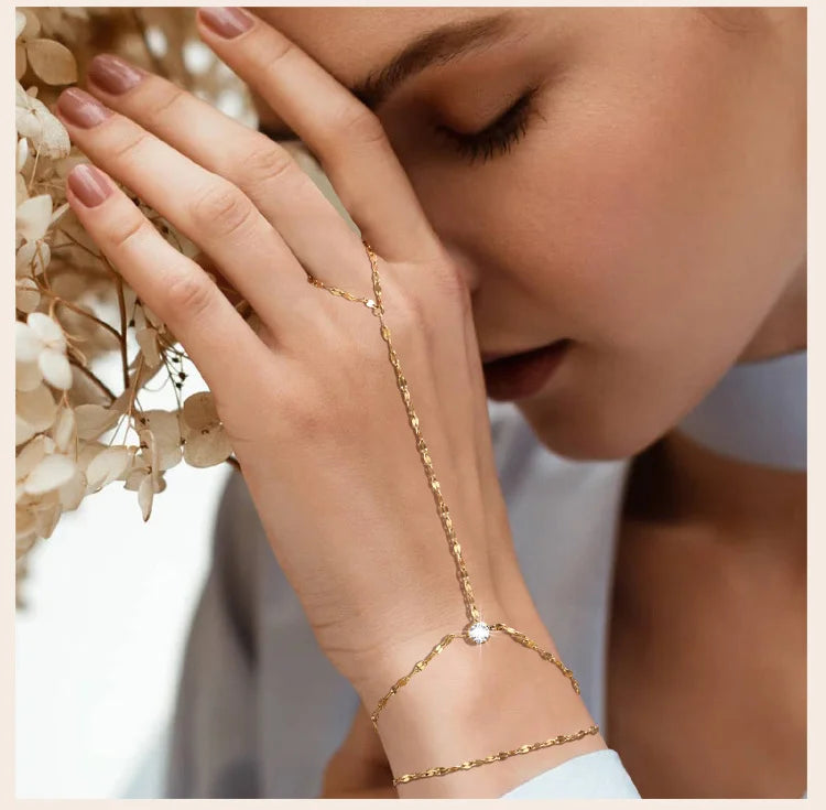 AureliaLink Gold Hand Chain Ring Bracelet – Stainless Steel Finger Bracelet | Adjustable Double-Layer Hand Chain | Women’s Body Jewellery