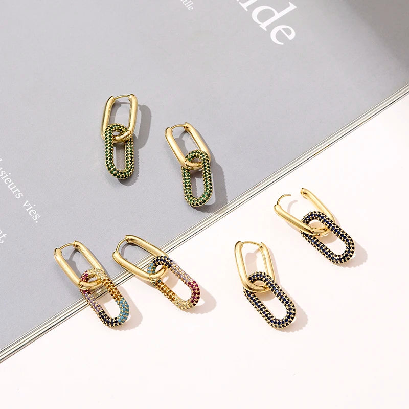Avelisse Geometric Zircon Hoop Earrings – Gold-Tone Oval & Rectangle Drop Earrings | Colourful Cubic Zirconia | Elegant Women’s Jewellery