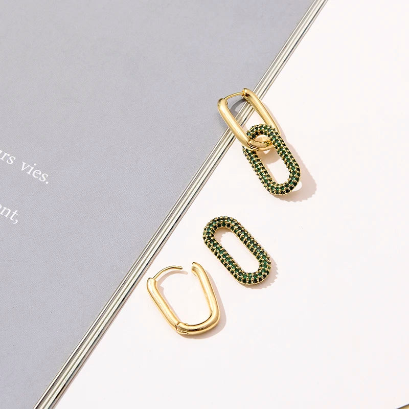Avelisse Geometric Zircon Hoop Earrings – Gold-Tone Oval & Rectangle Drop Earrings | Colourful Cubic Zirconia | Elegant Women’s Jewellery
