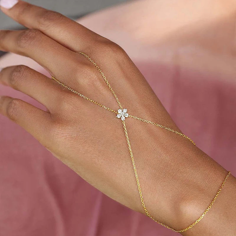 FloraLink Zircon Flower Finger Bracelet – Gold-Tone Double-Layer Hand Chain | Minimalist Floral Charm Jewellery | Women’s Finger Bracelet