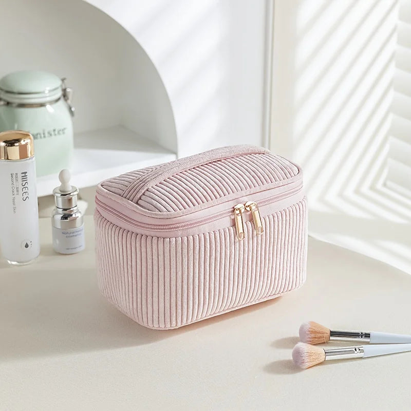 Velmora Personalised Corduroy Makeup Bag – Custom Name Embroidered Cosmetic Case | Large Travel Toiletry Organiser | Portable Handle Storage Bag