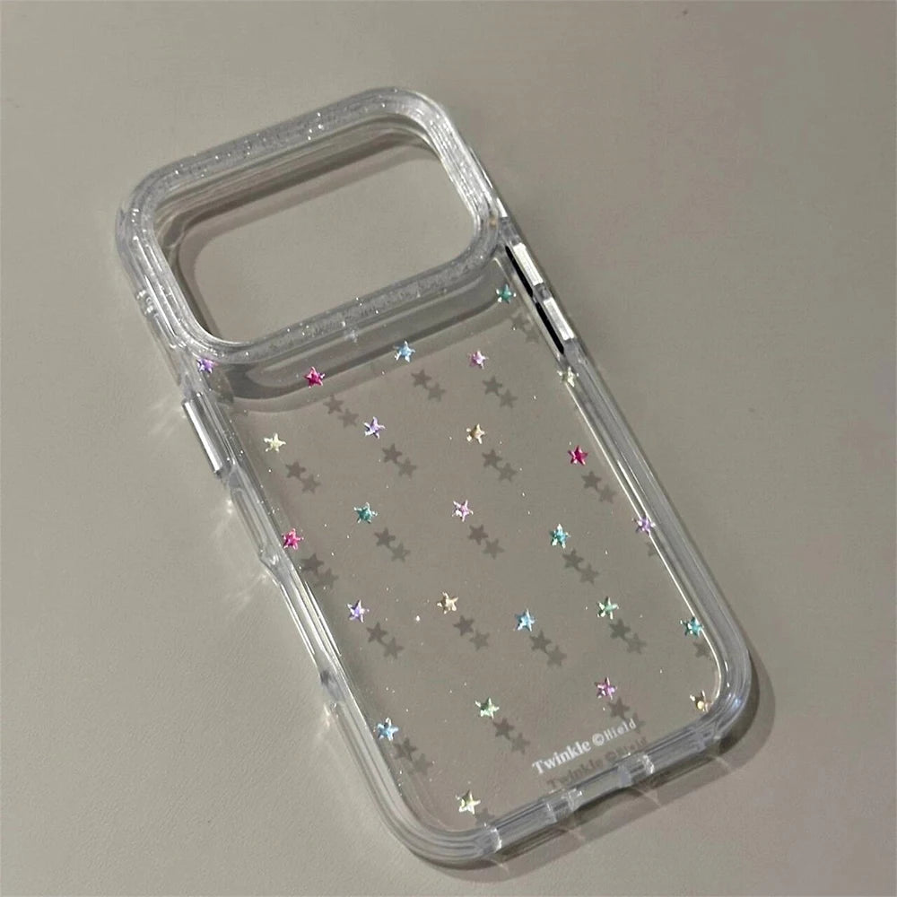 Stellara Glitter Star Transparent iPhone Case – Shiny Full-Coverage Phone Protector | Shockproof PC + TPU Design | Anti-Scratch Protective Cover