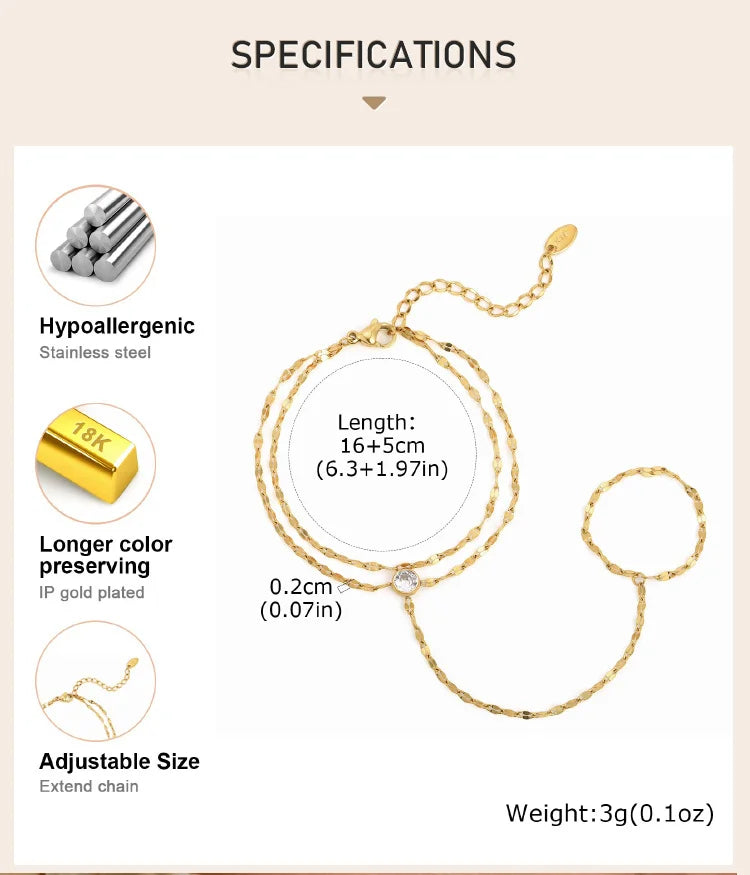 AureliaLink Gold Hand Chain Ring Bracelet – Stainless Steel Finger Bracelet | Adjustable Double-Layer Hand Chain | Women’s Body Jewellery
