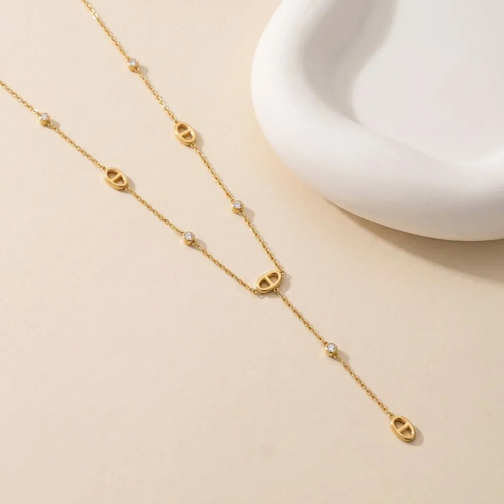 Marielle Luxe Y-Shape Lariat Necklace – 18K Gold-Plated Stainless Steel Jewellery | Waterproof CZ Tassel Chain | Women’s Statement Necklace