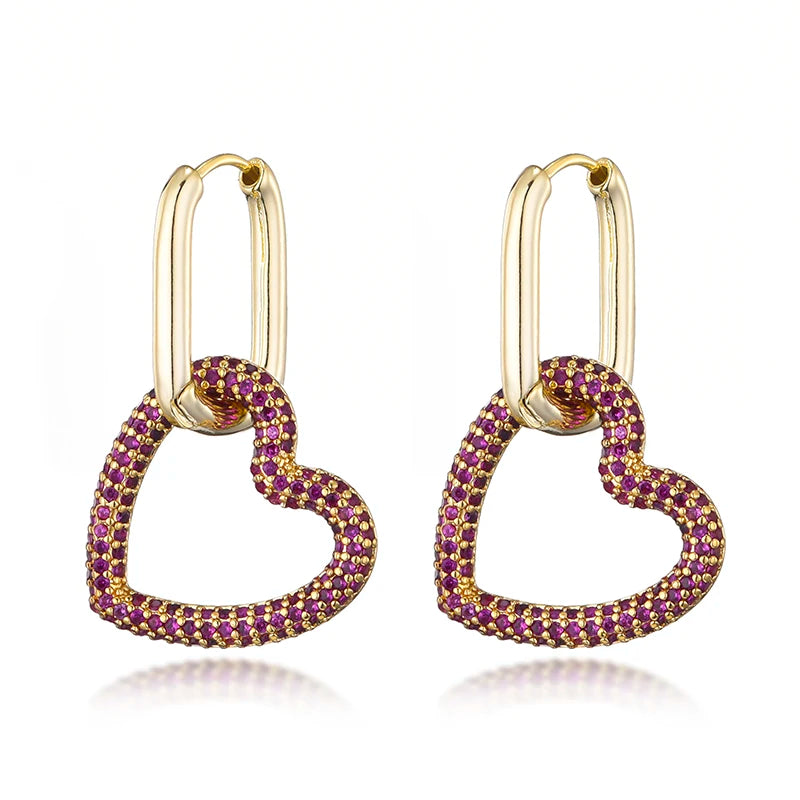 Amorette Heart Zircon Geometric Hoop Earrings – Gold-Tone Oval & Rectangle Drops | Colourful Crystal Jewellery | Elegant Women’s Earrings