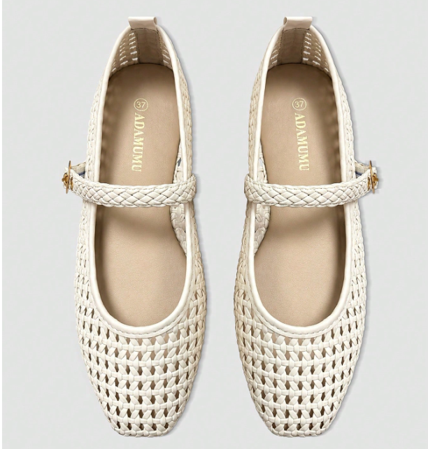 Elowyn Braided Mary Jane Flats – Women’s Woven Ballet Shoes | Square Toe & Buckle Strap | Elegant Everyday Footwear