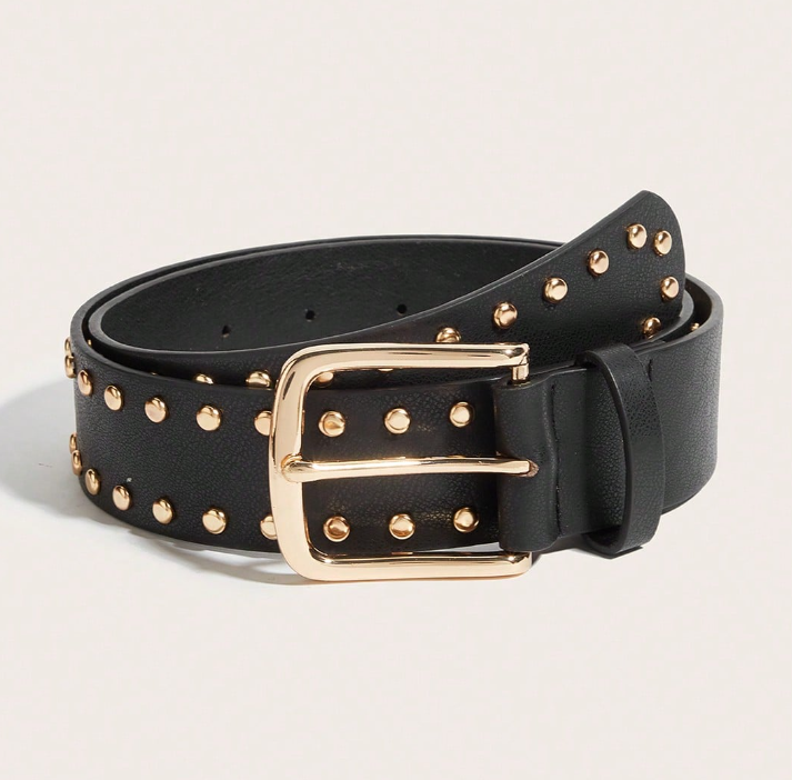 Virelle Studded Wide Waist Belt – Women’s PU Belt | Square Buckle | Vintage Dress & Coat Accessory