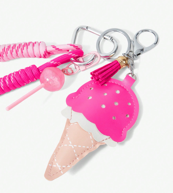 GelatoPop Ice Cream & Heart Bag Charm – Pink Dessert or Black Studded Heart | Decorative Keychain