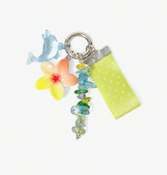Solmara Tropical Dolphin Bag Charm – Women’s Floral Ocean Keychain | Beaded Ribbon Pendant | Summer Handbag Accessory