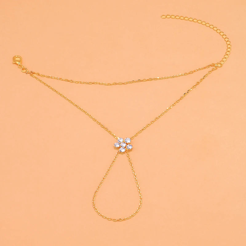 FloraLink Zircon Flower Finger Bracelet – Gold-Tone Double-Layer Hand Chain | Minimalist Floral Charm Jewellery | Women’s Finger Bracelet
