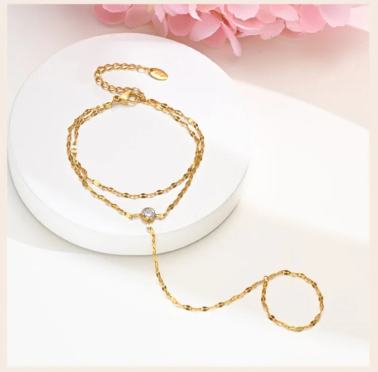 AureliaLink Gold Hand Chain Ring Bracelet – Stainless Steel Finger Bracelet | Adjustable Double-Layer Hand Chain | Women’s Body Jewellery