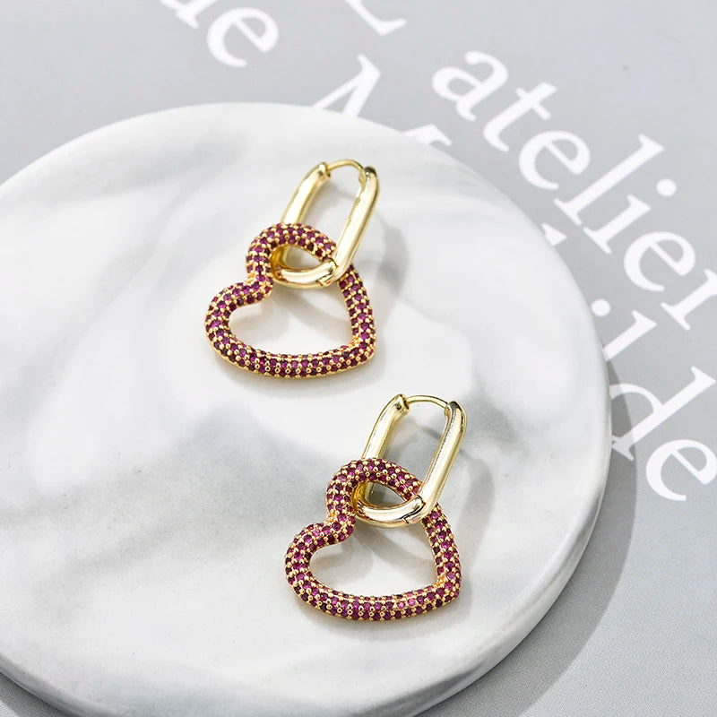 Amorette Heart Zircon Geometric Hoop Earrings – Gold-Tone Oval & Rectangle Drops | Colourful Crystal Jewellery | Elegant Women’s Earrings