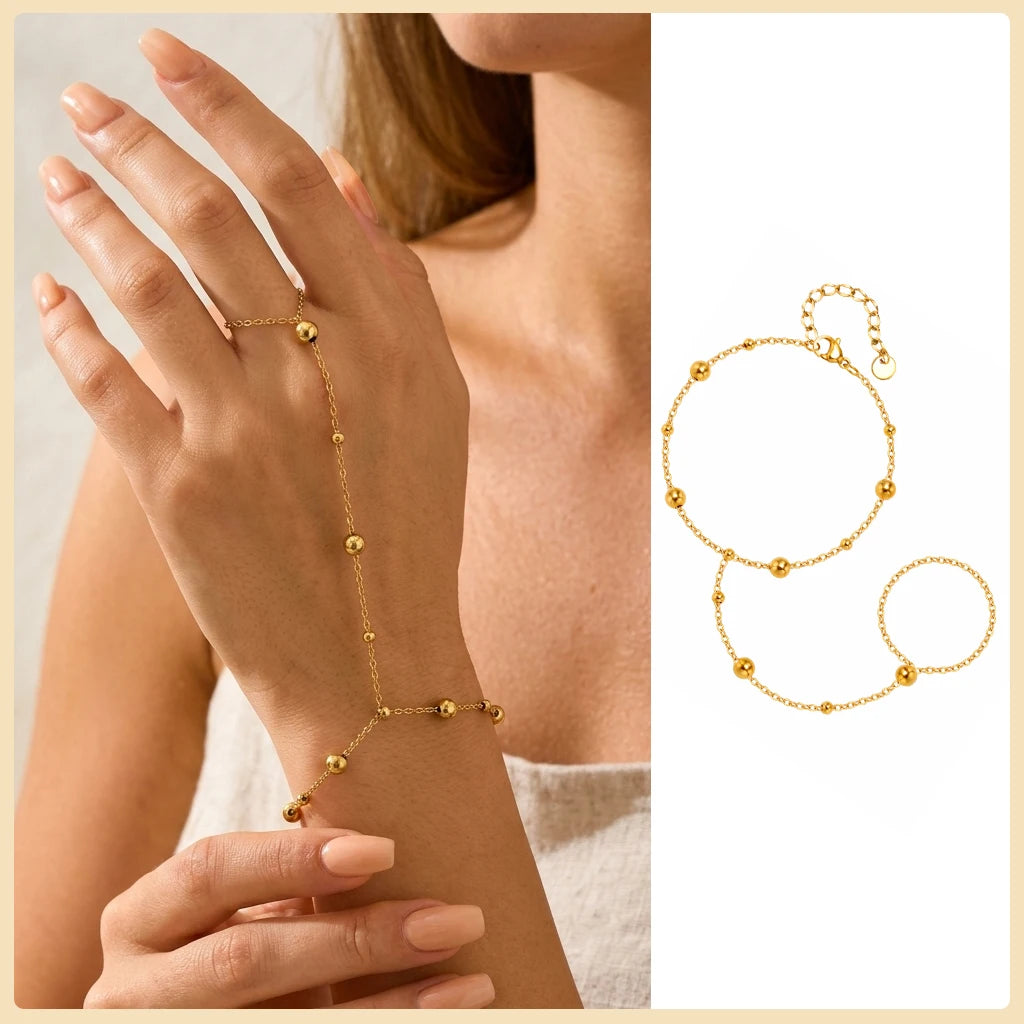 AureliaLink Gold Hand Chain Ring Bracelet – Stainless Steel Finger Bracelet | Adjustable Double-Layer Hand Chain | Women’s Body Jewellery