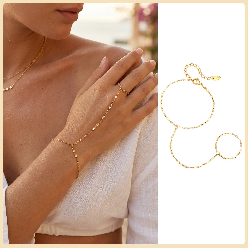 AureliaLink Gold Hand Chain Ring Bracelet – Stainless Steel Finger Bracelet | Adjustable Double-Layer Hand Chain | Women’s Body Jewellery