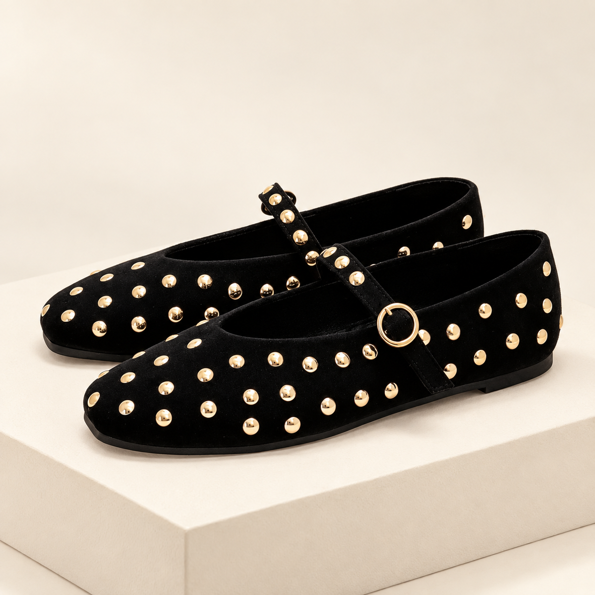 Élanora Gold-Tone Studded Mary Jane Flats — ivory studio gallery photograph