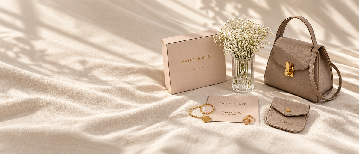 Saint & Rose taupe handbag and jewellery on cream fabric in natural daylight