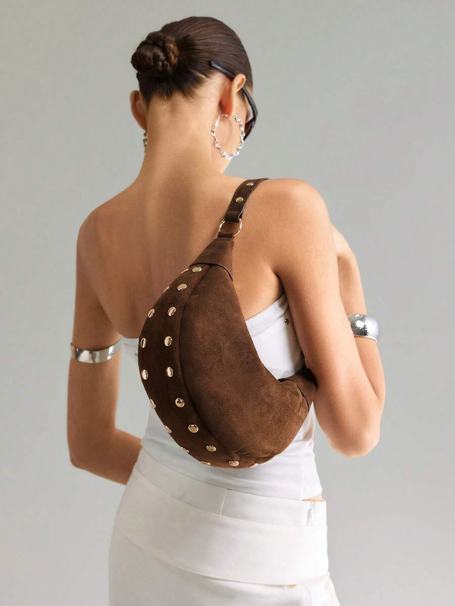 Lucette Coffee Suede-Look Hobo Bag – Gold-Tone Stud Details — Worn on the shoulder