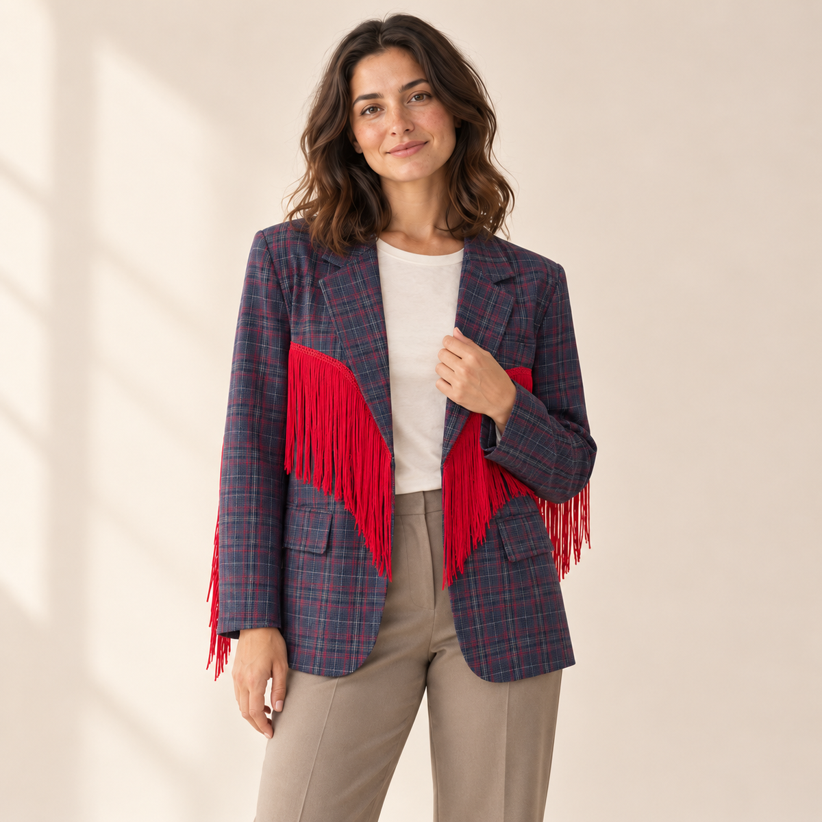 Valdessa plaid blazer with red fringe — front view