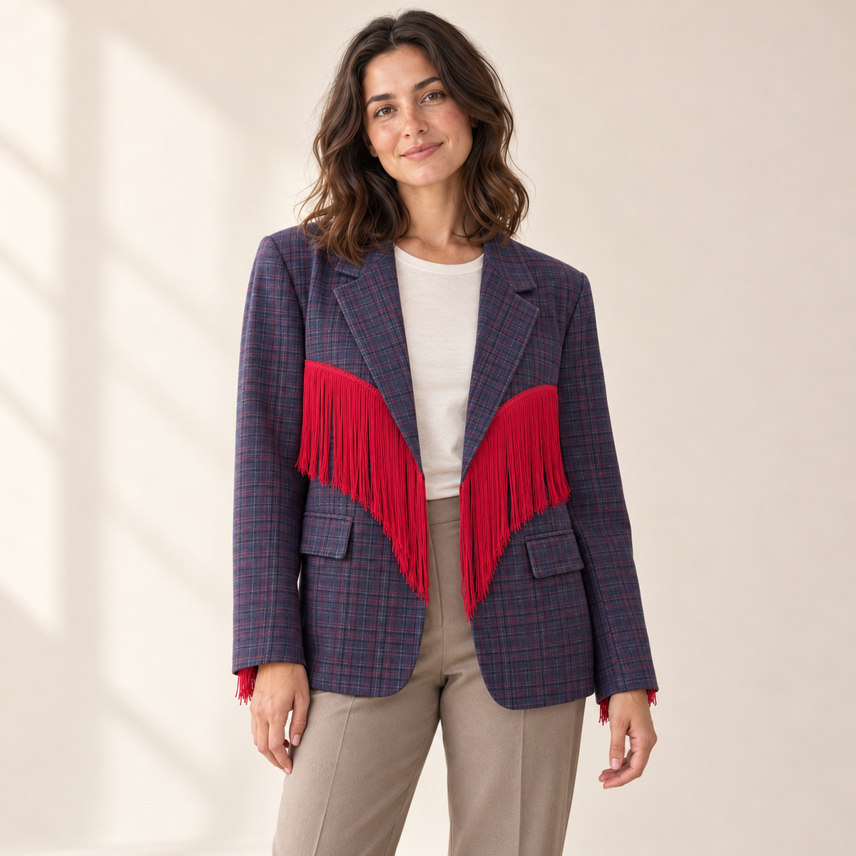 Valdessa plaid blazer with red fringe — hero view