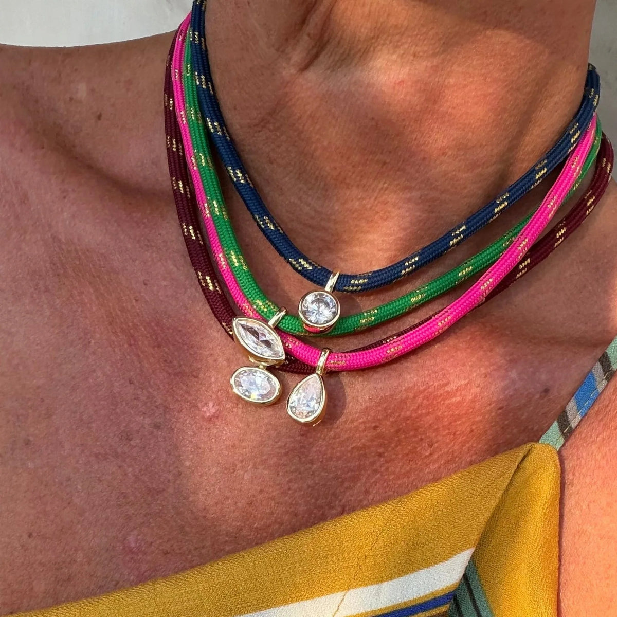 Solara Boho Multilayer Necklace – Colourful Rope & Gold-Plated Chain | Zircon Pendant Choker | Women’s Bohemian Jewellery