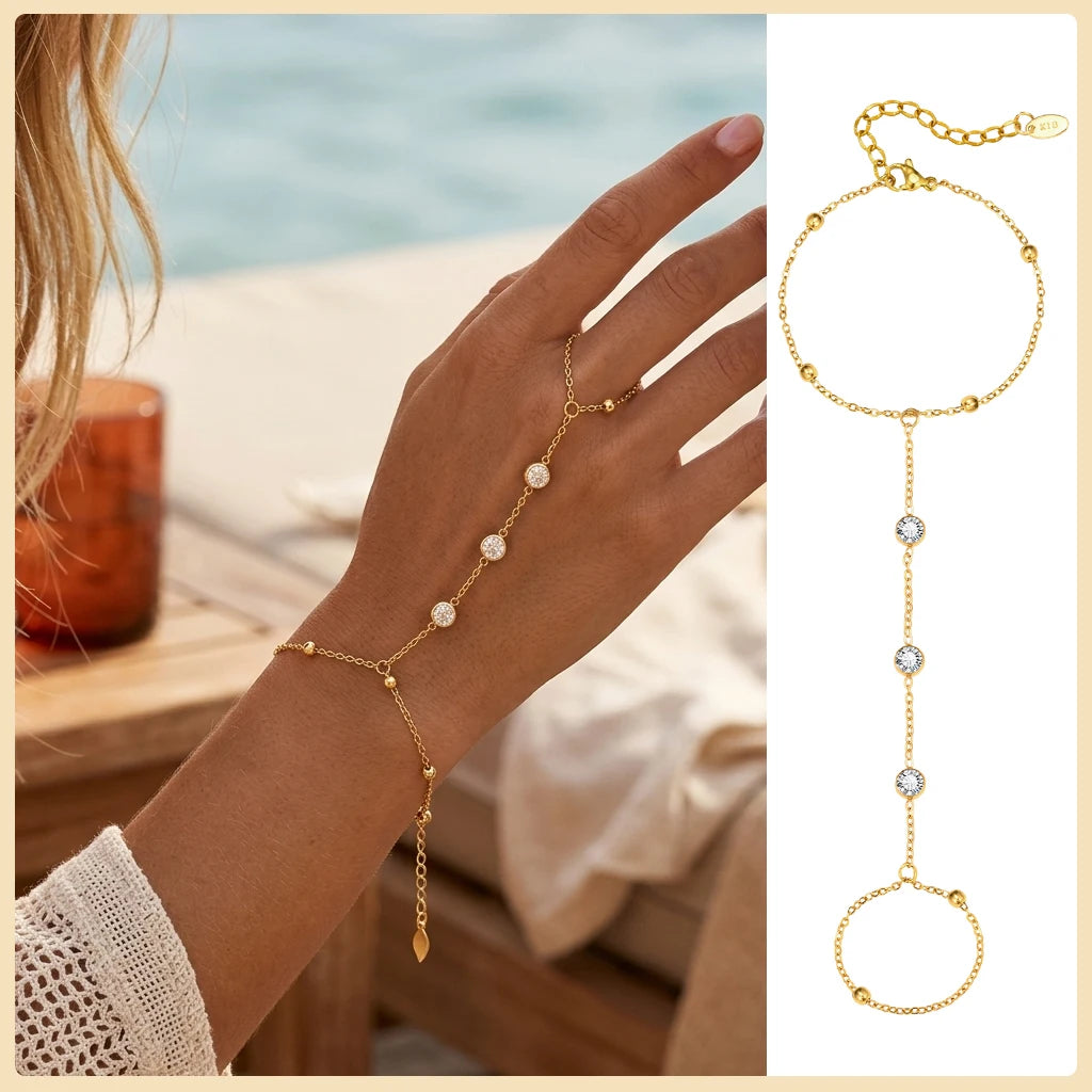 AureliaLink Gold Hand Chain Ring Bracelet – Stainless Steel Finger Bracelet | Adjustable Double-Layer Hand Chain | Women’s Body Jewellery