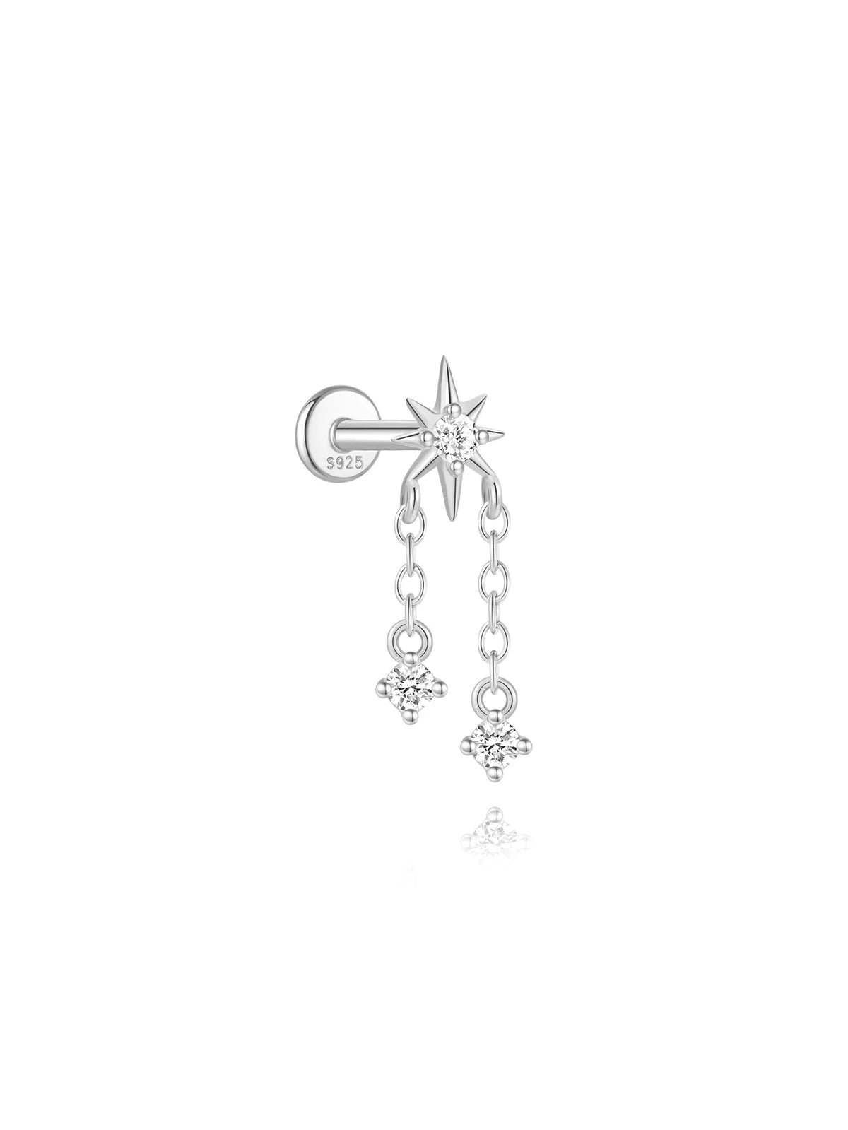 Elarisse 925 Sterling Silver Zircon Chain Stud – Women’s Flat-Back Piercing Earring | Kite Stone & Star Tassel Detail | Fine Jewellery