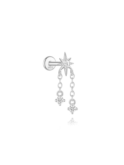 Elarisse 925 Sterling Silver Zircon Chain Stud – Women’s Flat-Back Piercing Earring | Kite Stone & Star Tassel Detail | Fine Jewellery