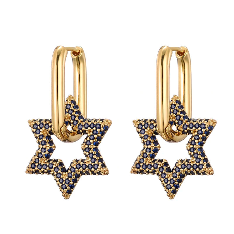 Celestara Star Zircon Hoop Earrings – Gold-Tone Geometric Drop Earrings | Colourful Cubic Zirconia | Elegant Women’s Statement Jewellery