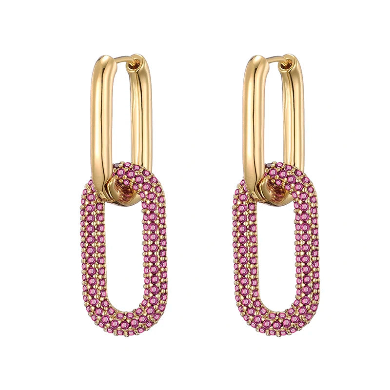 Avelisse Geometric Zircon Hoop Earrings – Gold-Tone Oval & Rectangle Drop Earrings | Colourful Cubic Zirconia | Elegant Women’s Jewellery