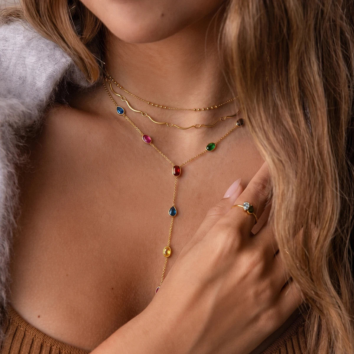 Virelia Multicolour Zircon Y-Shape Necklace – 18K Gold PVD Stainless Steel Jewellery | Geometric Drop Pendant | Women’s Statement Chain