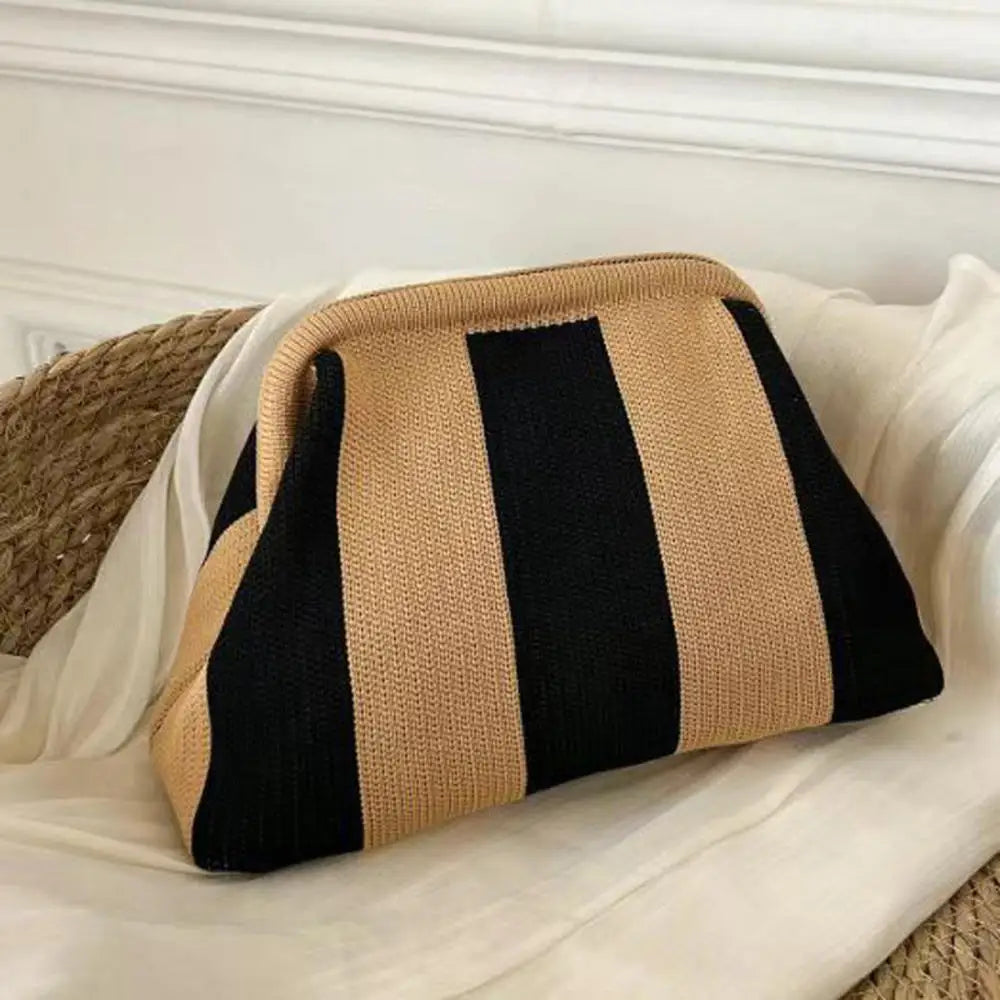 Solena Striped Woven Clutch Bag – Women’s Crochet-Style Beach Handbag | Soft Knitted Dumpling Purse | Casual Summer Clutch