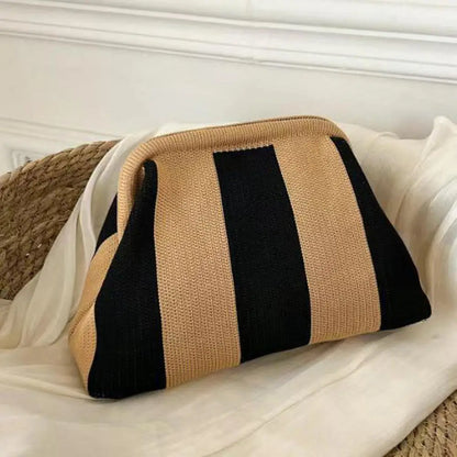 Solena Striped Woven Clutch Bag – Women’s Crochet-Style Beach Handbag | Soft Knitted Dumpling Purse | Casual Summer Clutch