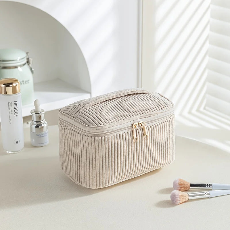 Velmora Personalised Corduroy Makeup Bag – Custom Name Embroidered Cosmetic Case | Large Travel Toiletry Organiser | Portable Handle Storage Bag